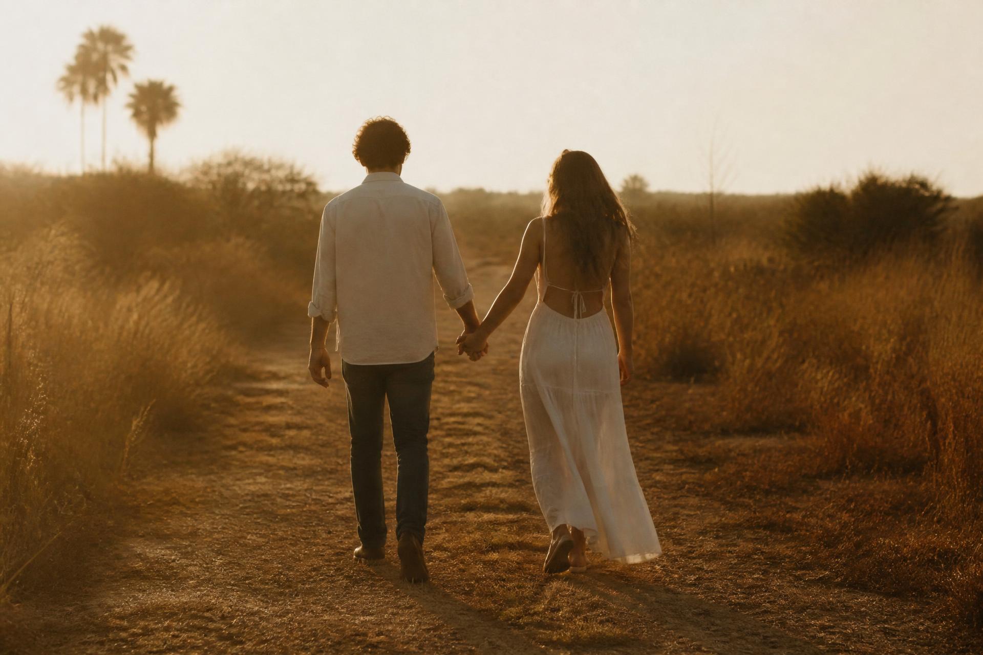 A couple walking hand in hand down an open path at sunset in the Rio Grande Valley
